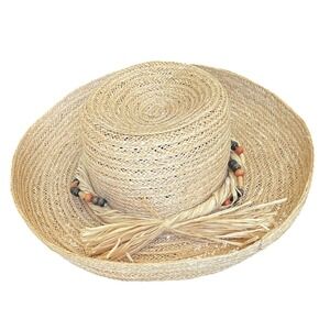 Toucan Collection Woven Straw Sun Hat Wood Bead Raffia Bow Wide Brim Tan Boater